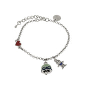 Metal bracelet with blue bell and central bow with pendants in the shape of a child and a heart