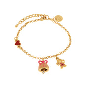 Metal bracelet with pink bell and central bow with pendants in the shape of a girl and a heart