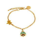 Metal bracelet with aqua green enamel bell embellished with stars and moon