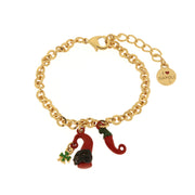 Metal bracelet with lucky horn in red enamel and four-leaf clover