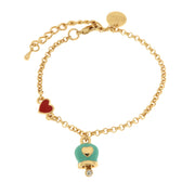 Metal bracelet with lucky bell in turquoise enamel and red heart