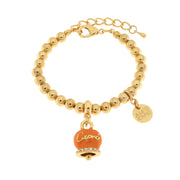 Metal bracelet with capri written bell pendant embellished with crystals and orange enamel