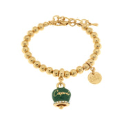 Metal bracelet with capri written bell pendant embellished with crystals and green enamel