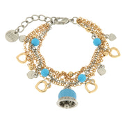 Metal bracelet with heart-shaped pendants and turquoise enamelled bell