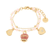 Metal bracelet with pink enamelled bell and hanging hearts