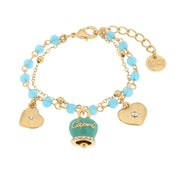 Metal bracelet with blue enamelled bell and hanging hearts