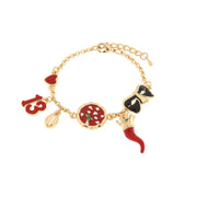 Metal bracelet with pizza, croissant, mask, 13 and coffee bean