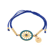 Metal bracelet with cart wheel and blue cord