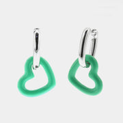 Orecchini in Argento 925 ovali rodiati con pendente a forma di cuore smaltato verde