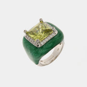 Anello in Argento 925 smaltato verde con grande zircone centrale verde impreziosito da zirconi bianchi