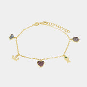 Bracciale in Argento 925 con pedenti a forma di cuore, pesciolino, fiore, ancora, coda di balena, con zirconi multicore