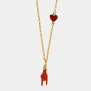 Collana in Metallo con pendente a forma di corna porta fortuna e cuore rosso